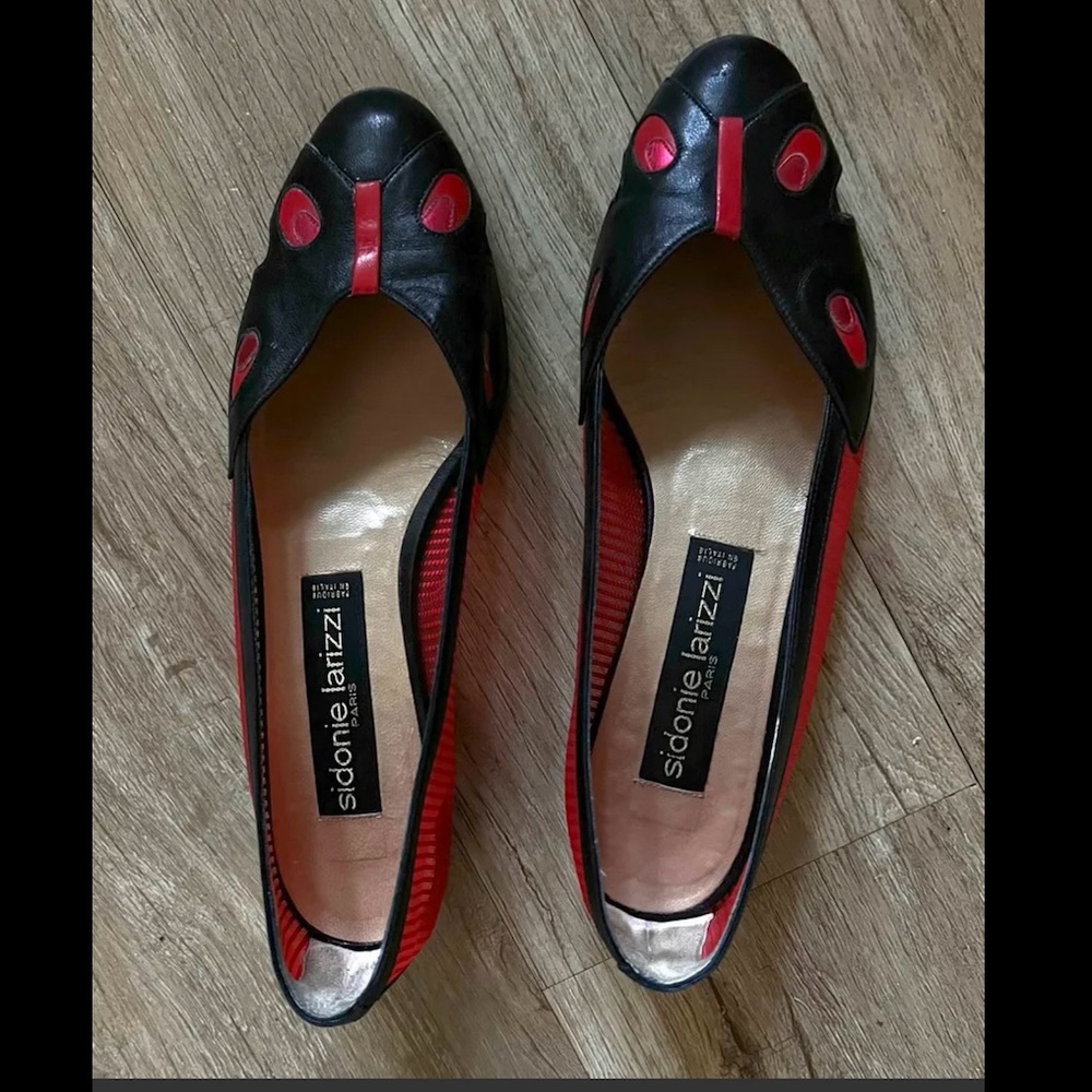 Vintage 80s rare designer shoes catwalk Paris / ladybug black and red - Picture 4 of 11
